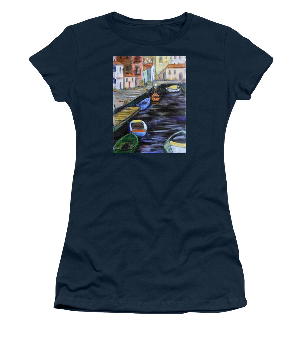 Village Women's T-Shirt featuring the painting Boats in front of the Buildings III by Xueling Zou