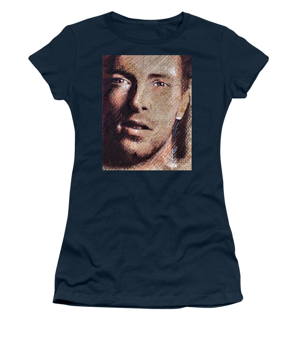 Chris Martin Portrait Women's T-Shirt featuring the drawing Chris Martin - Coldplay #1 by Daliana Pacuraru