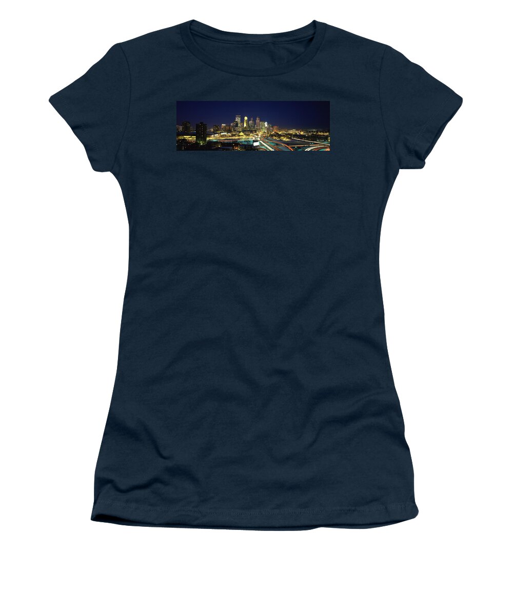 Photography Women's T-Shirt featuring the photograph Buildings Lit Up At Night In A City #4 by Panoramic Images