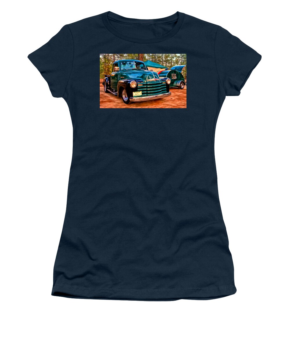 Teardrop Trailers Women's T-Shirt featuring the painting '51 Chevy Pickup with Teardrop Trailer #51 by Michael Pickett