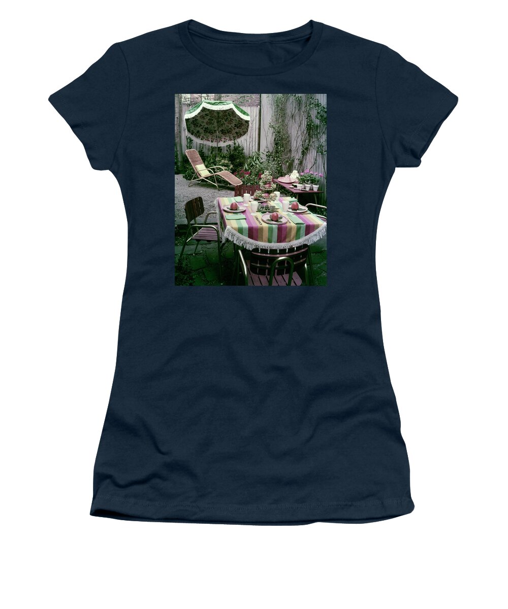 Harold Schwartz Women's T-Shirt featuring the photograph A Garden Set Up For Lunch by Tom Leonard