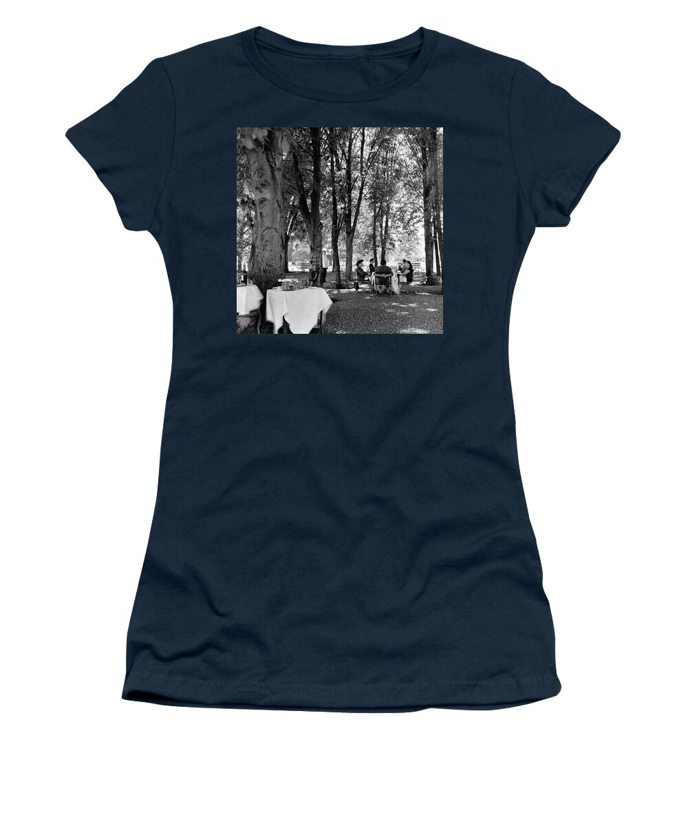 Food Women's T-Shirt featuring the photograph A Group Of People Eating Lunch Under Trees by Luis Lemus