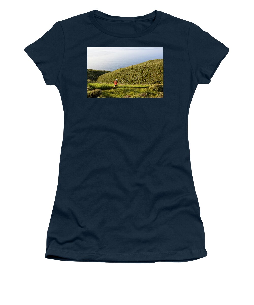 20-24 Years Women's T-Shirt featuring the photograph A Man Running On The Ray Miller Trail by Joshua Huber