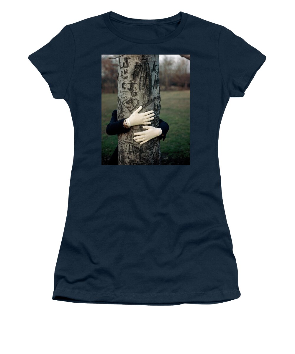 Fashion Women's T-Shirt featuring the photograph A Model Hugging A Tree by Frances Mclaughlin-Gill