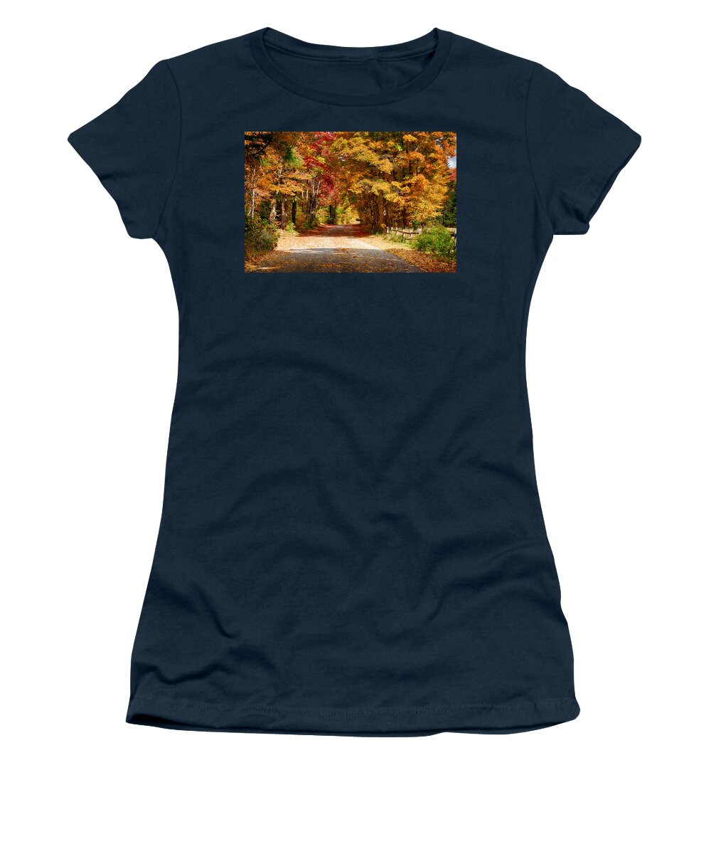 Vermont Fall Colors Women's T-Shirt featuring the photograph A quiet back road stroll by Jeff Folger