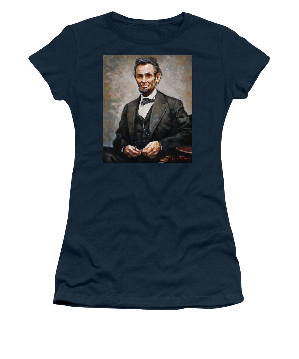 #faatoppicks Women's T-Shirt featuring the painting Abraham Lincoln by Ylli Haruni