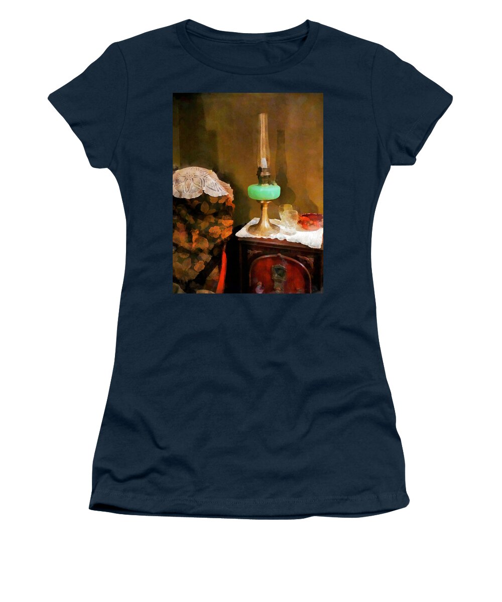 Lamp Women's T-Shirt featuring the photograph Americana - Still Life With Hurricane Lamp by Susan Savad