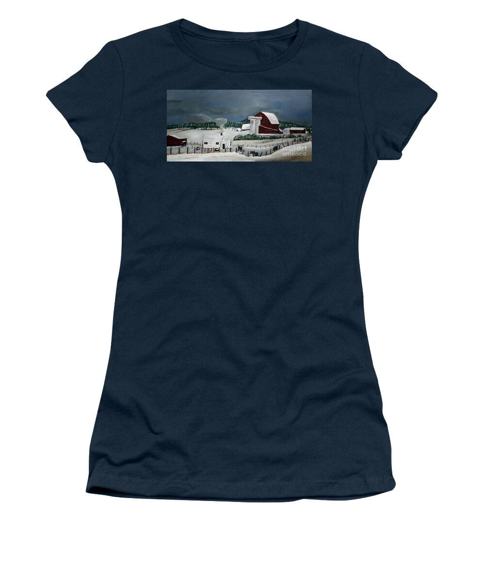 Amish Farm In Winter Women's T-Shirt featuring the painting Amish Farm - Winter - Michigan by Jan Dappen