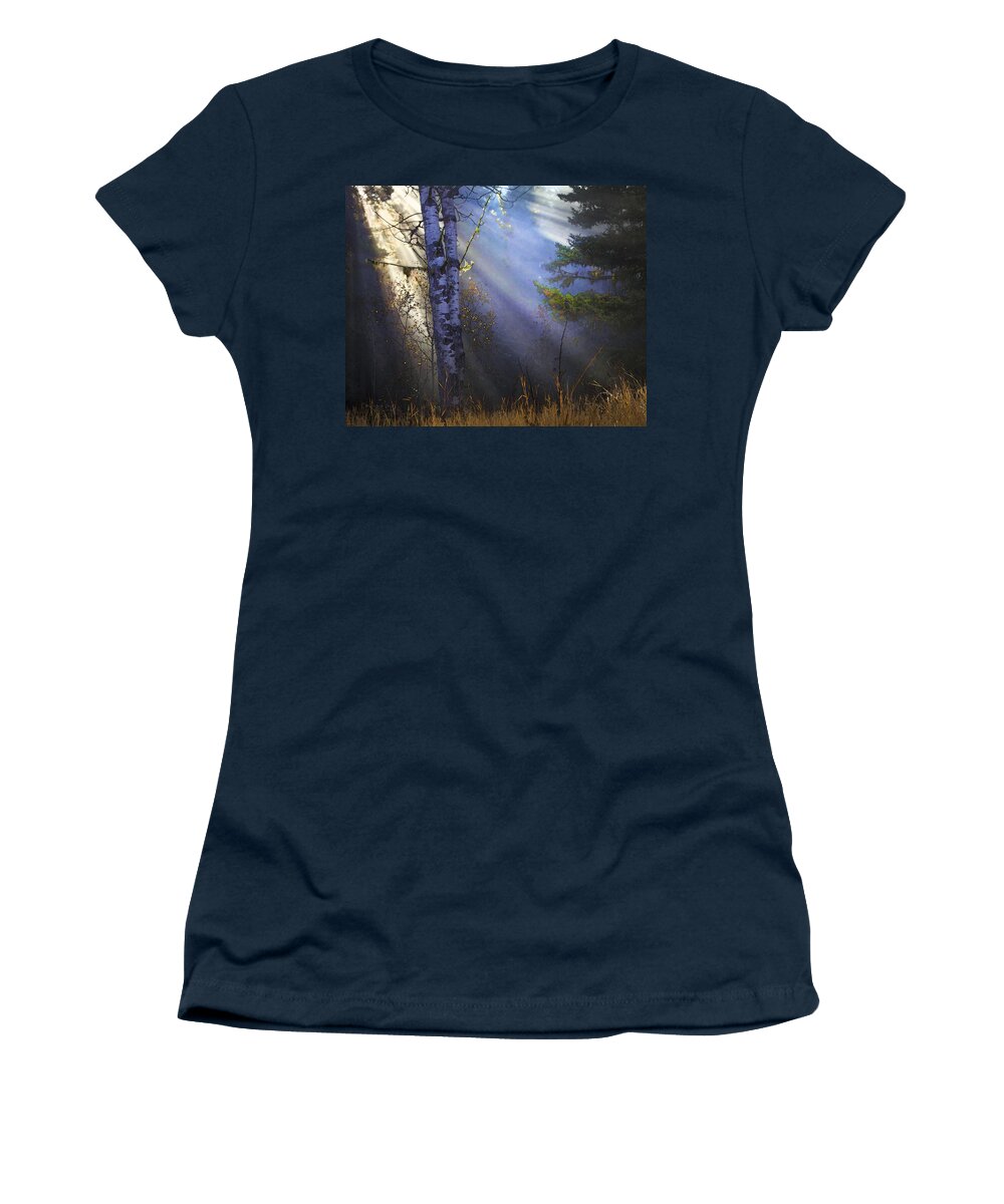 Fantasy Forest Women's T-Shirt featuring the photograph Autumn Fog With Sun Rays by Theresa Tahara