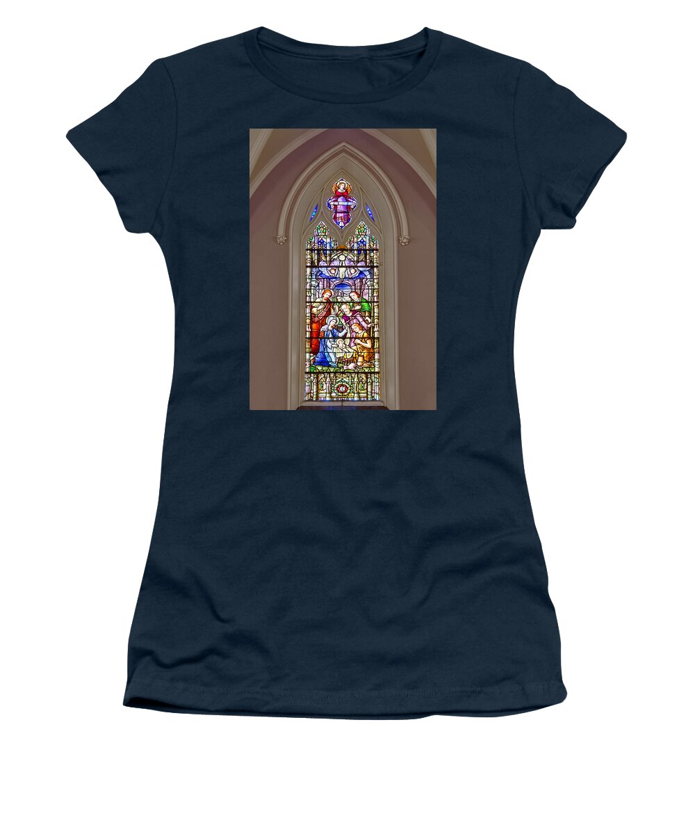 Baby Jesus Women's T-Shirt featuring the photograph Baby Jesus Stained Glass Window by Susan Candelario