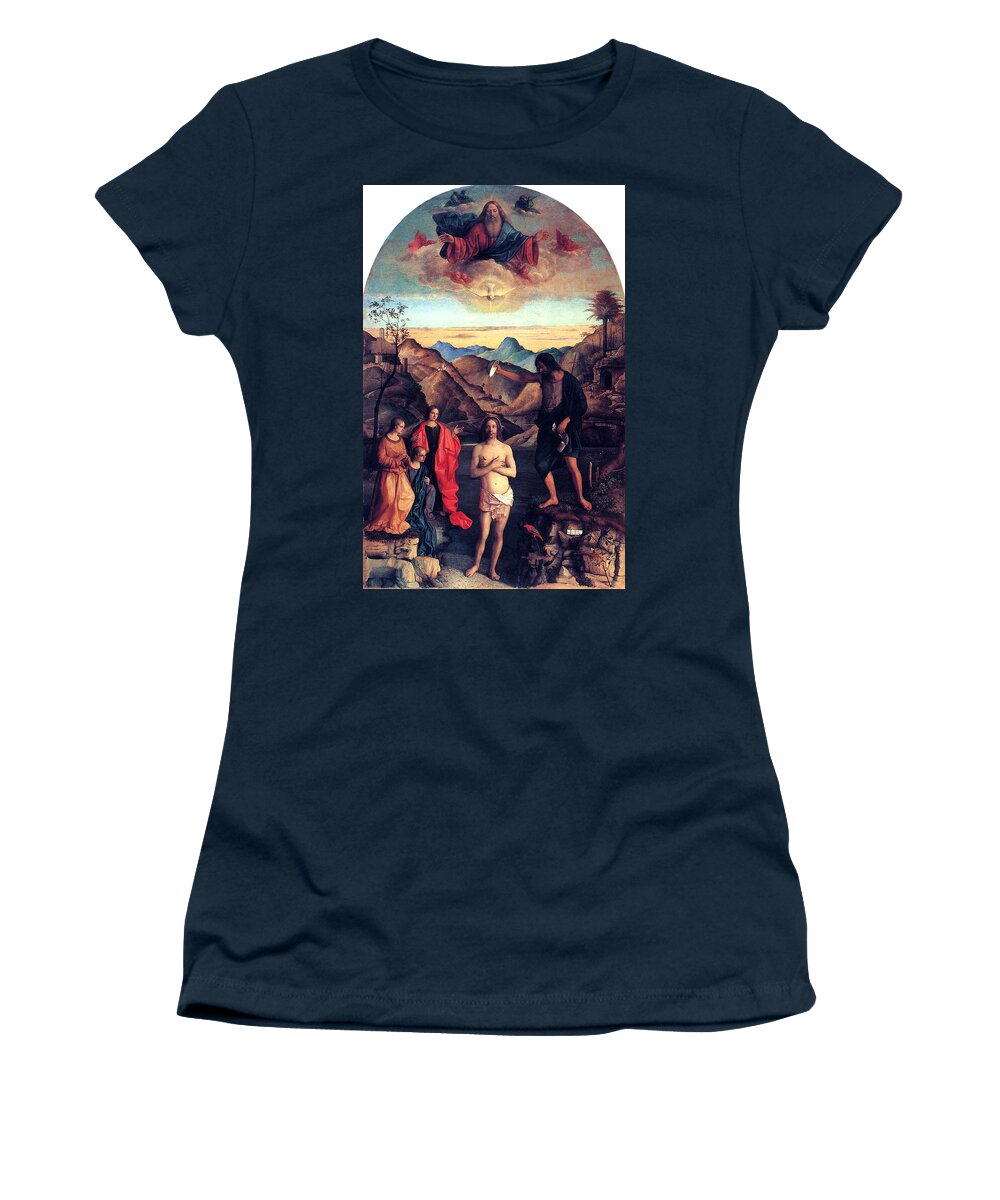 Baptism Of Christ Women's T-Shirt featuring the painting Baptism of Christ with Saint John 1502 Giovanni Bellini by Karon Melillo DeVega
