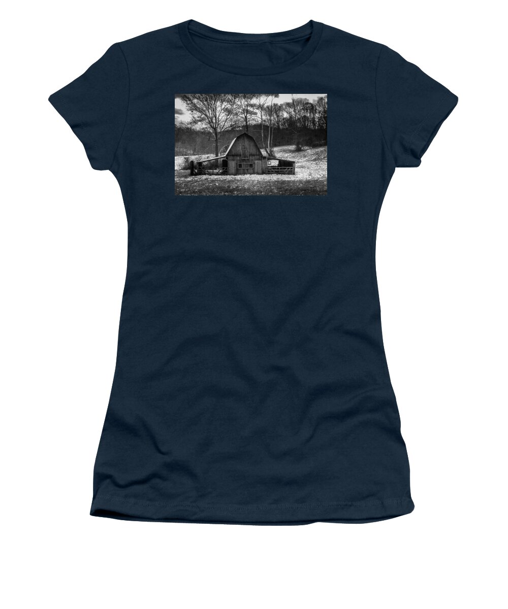 Barn Women's T-Shirt featuring the photograph Barn with Snow BW by Ron Pate