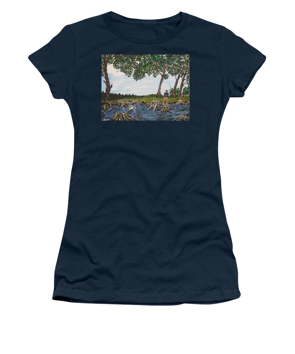  Women's T-Shirt featuring the painting Bass Fishing In The Stumps by Jeffrey Koss