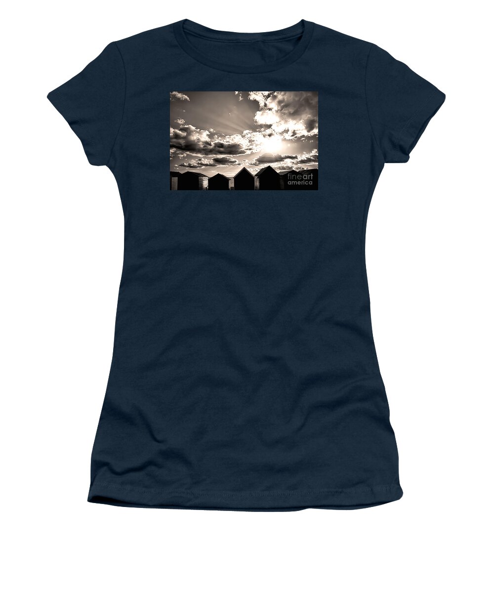 Beach Huts Women's T-Shirt featuring the photograph Beach huts in black and white by Simon Bratt