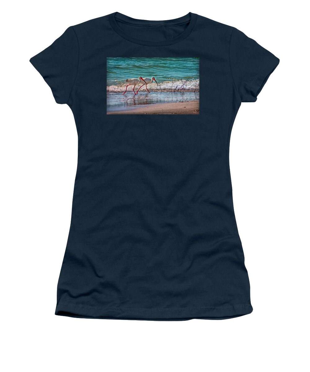 Ibisse Women's T-Shirt featuring the photograph Beach Jogging in Twos by Hanny Heim