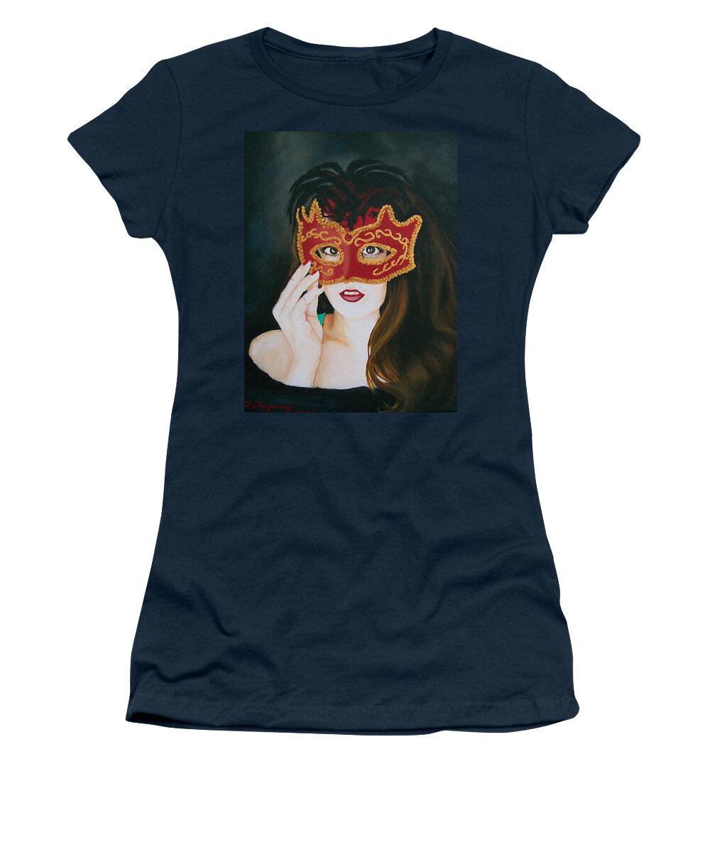 Halloween Women's T-Shirt featuring the painting Beauty and the Mask by Sharon Duguay