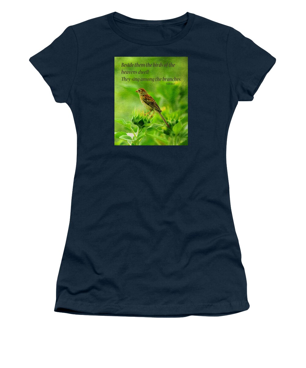 Sunflower Field Women's T-Shirt featuring the photograph Bird In A Sunflower Field Scripture by Sandi OReilly
