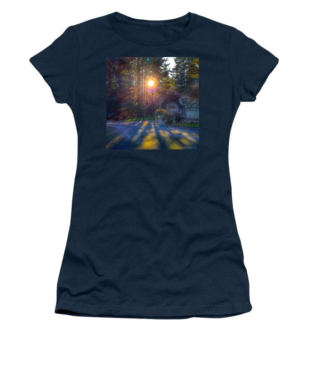 Sunset_madness Women's T-Shirt featuring the photograph Blazing Forest And Sunset Shadows, An by Anna Porter