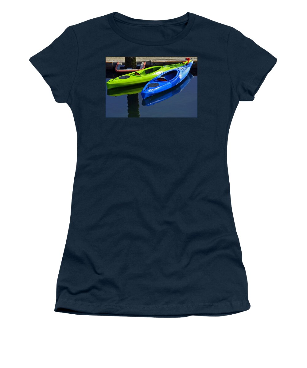 Blue Women's T-Shirt featuring the photograph Blue and Green Kayaks by Tikvah's Hope