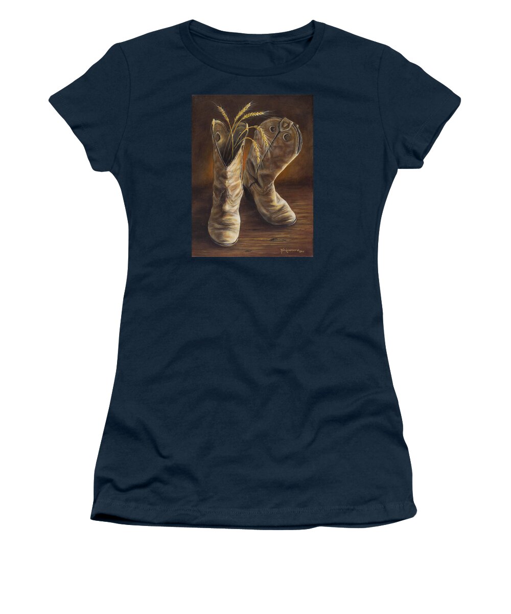 Cowboy Boots Women's T-Shirt featuring the painting Boots and Wheat by Kim Lockman