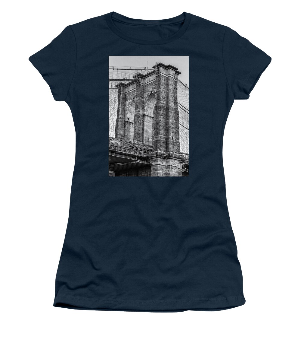 Bridge Women's T-Shirt featuring the photograph Brooklyn Bridge Tower B and W by Jerry Fornarotto