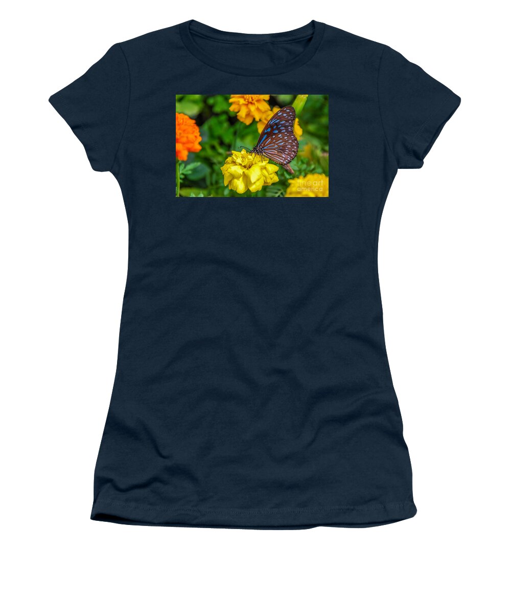 Butterfly Women's T-Shirt featuring the photograph Butterfly On Yellow Marigold by Mary Carol Story