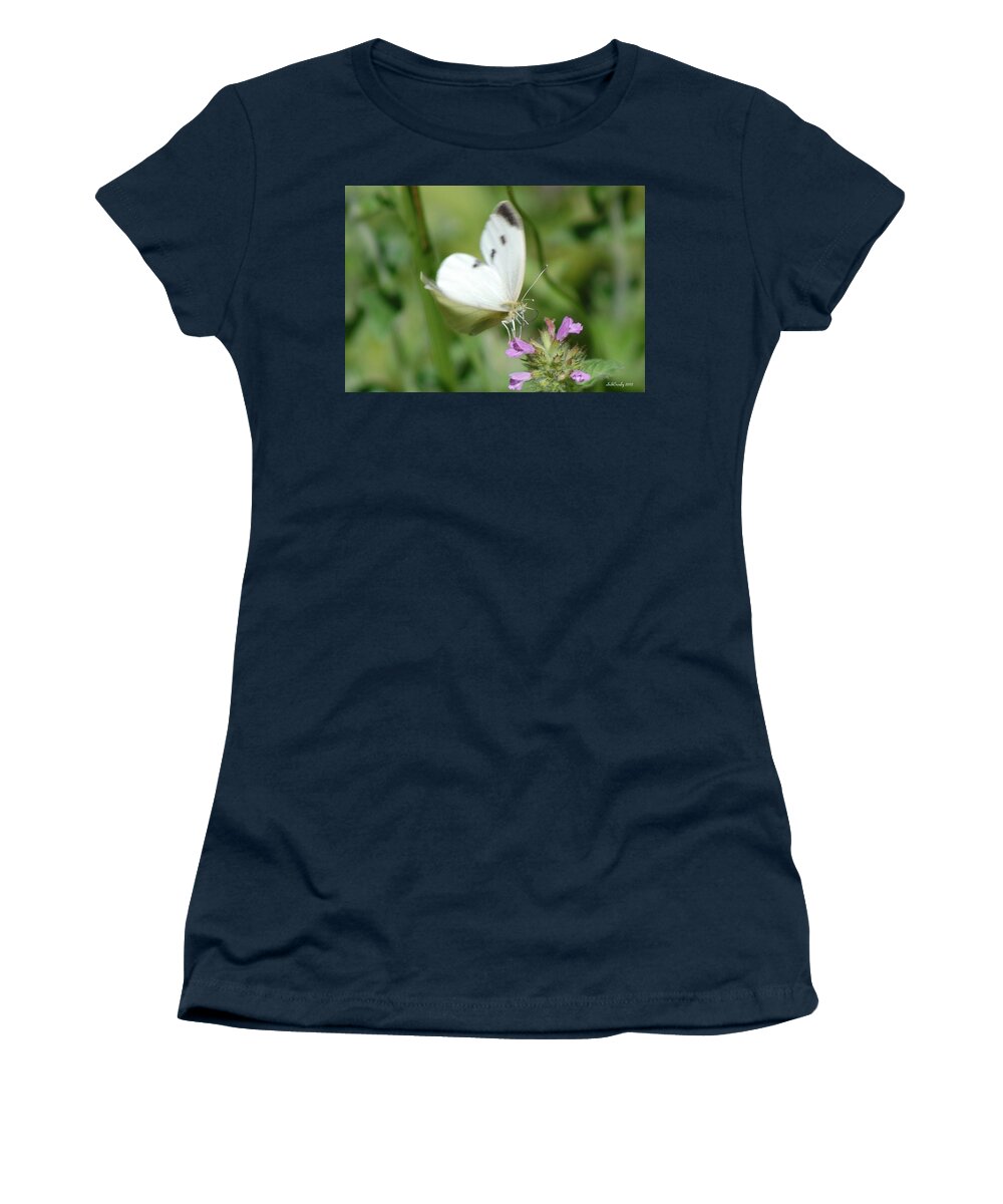 Cabbage White Butterfly Women's T-Shirt featuring the photograph Cabbage White Dancing on Her Toes by Susan Stevens Crosby