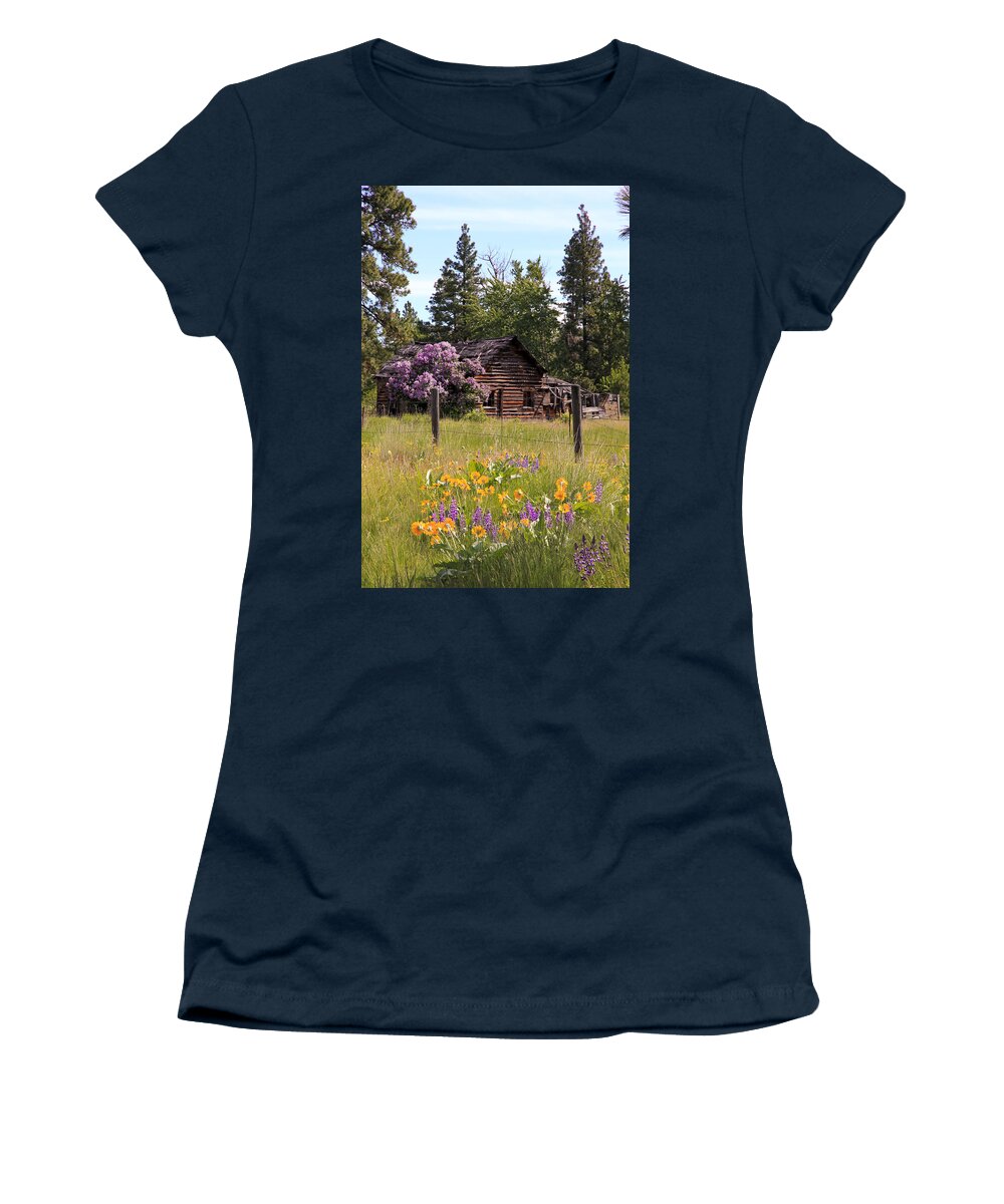 Cabin Women's T-Shirt featuring the photograph Cabin and Wildflowers by Athena Mckinzie