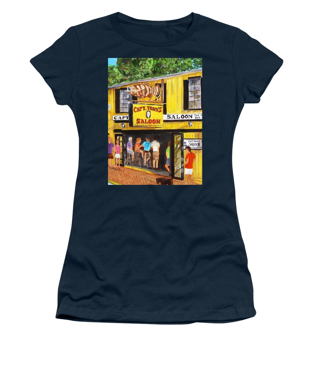 Key West Women's T-Shirt featuring the painting Capt. Tony's Lucky Shot by Linda Cabrera