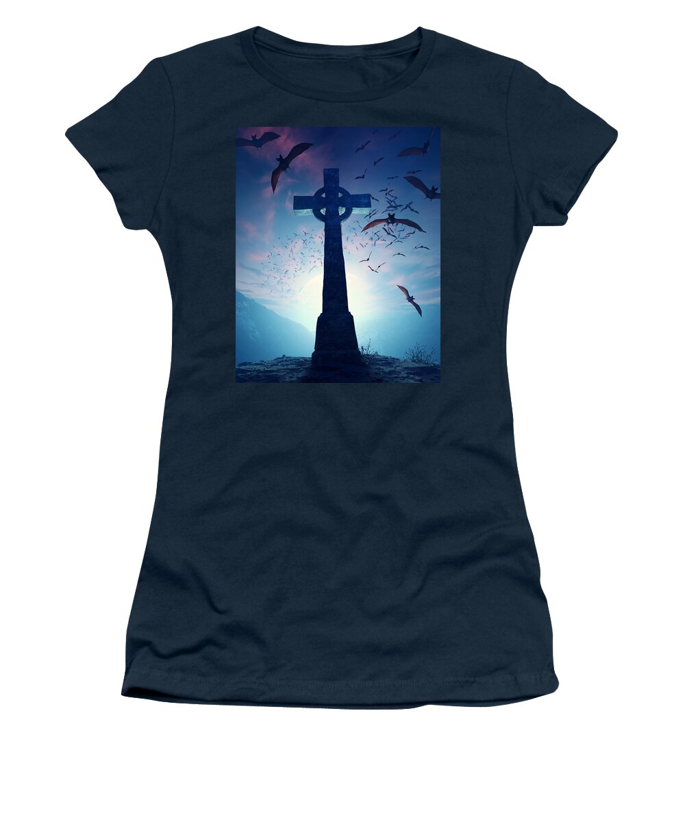 Cross Women's T-Shirt featuring the photograph Celtic Cross with swarm of bats by Johan Swanepoel