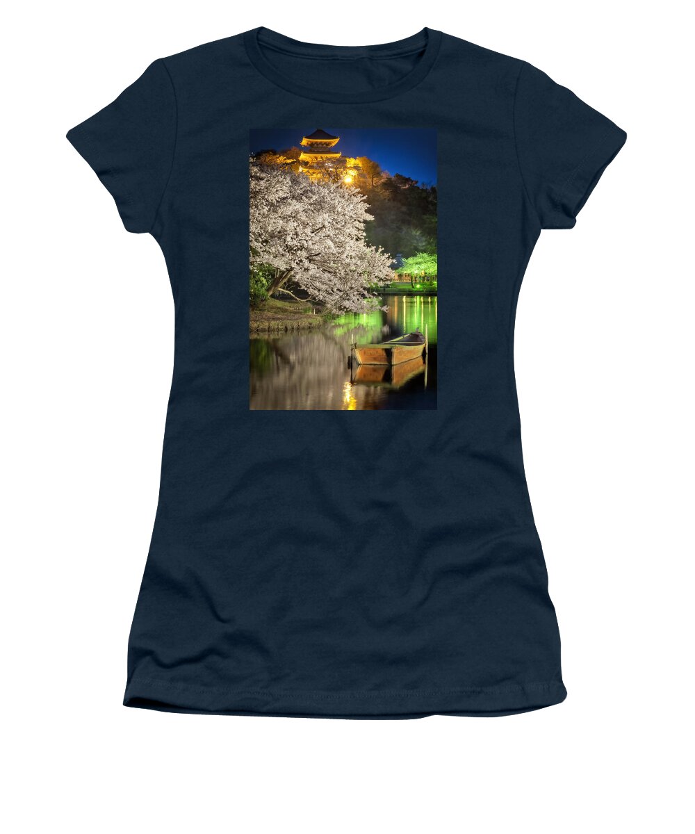 Temple Buddhism Asian Meditation Buddhist Religious Religion Culture Asia Buddha Travel Oriental Worship Old Art Gold Siam Prayer Pray Faith Statue Traditional Tradition Chinese Ancient Sculpture Spiritual Zen China Meditate Women's T-Shirt featuring the photograph Cherry Blossom Temple boat by John Swartz