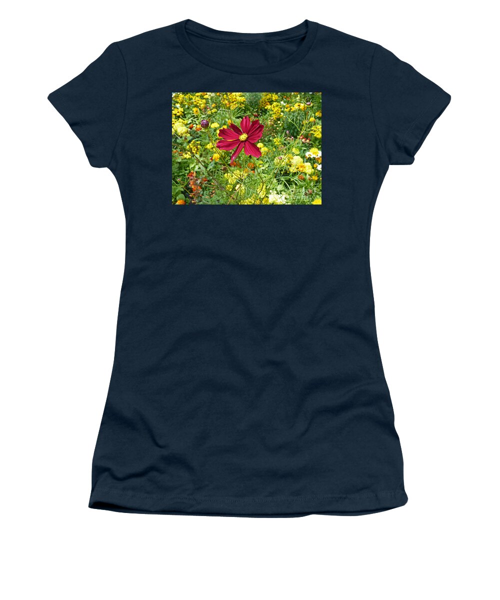 Flower Meadow Women's T-Shirt featuring the photograph Colorful flower meadow with great red blossom by Eva-Maria Di Bella