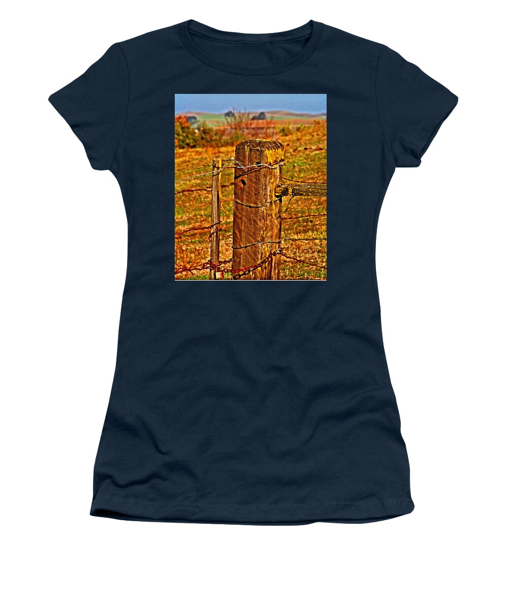 Pasture Women's T-Shirt featuring the digital art Corner Post at Gate by Joseph Coulombe
