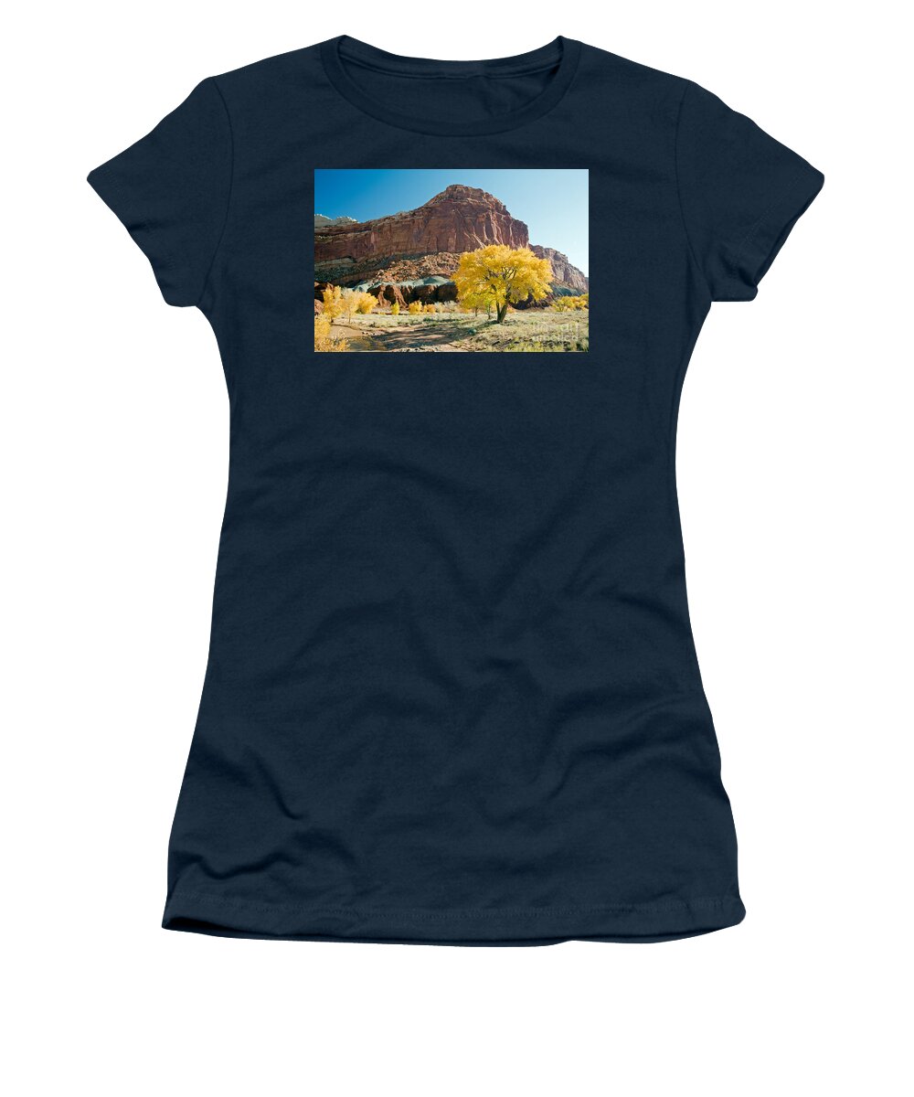 Autumn Women's T-Shirt featuring the photograph Cottonwoods in Fall The CastleCapitol Reef National Park by Fred Stearns