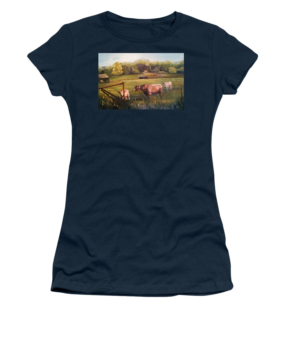 Longhorn Cattle Women's T-Shirt featuring the painting Courtship Across The Fence Line by Connie Rish