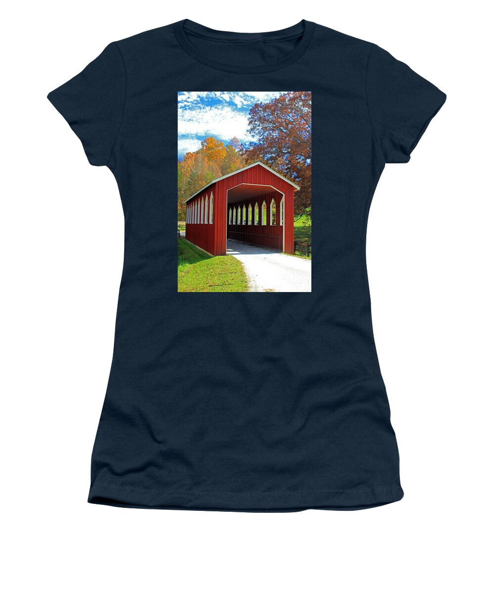 Red Covered Bridge Women's T-Shirt featuring the photograph Covered Bridge by Jennifer Robin