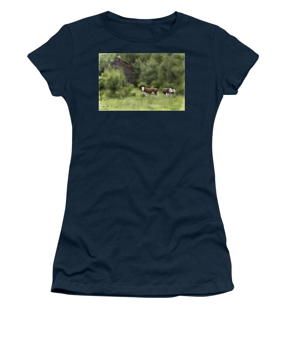Cows Women's T-Shirt featuring the photograph Cows by the Barn by Fran Gallogly