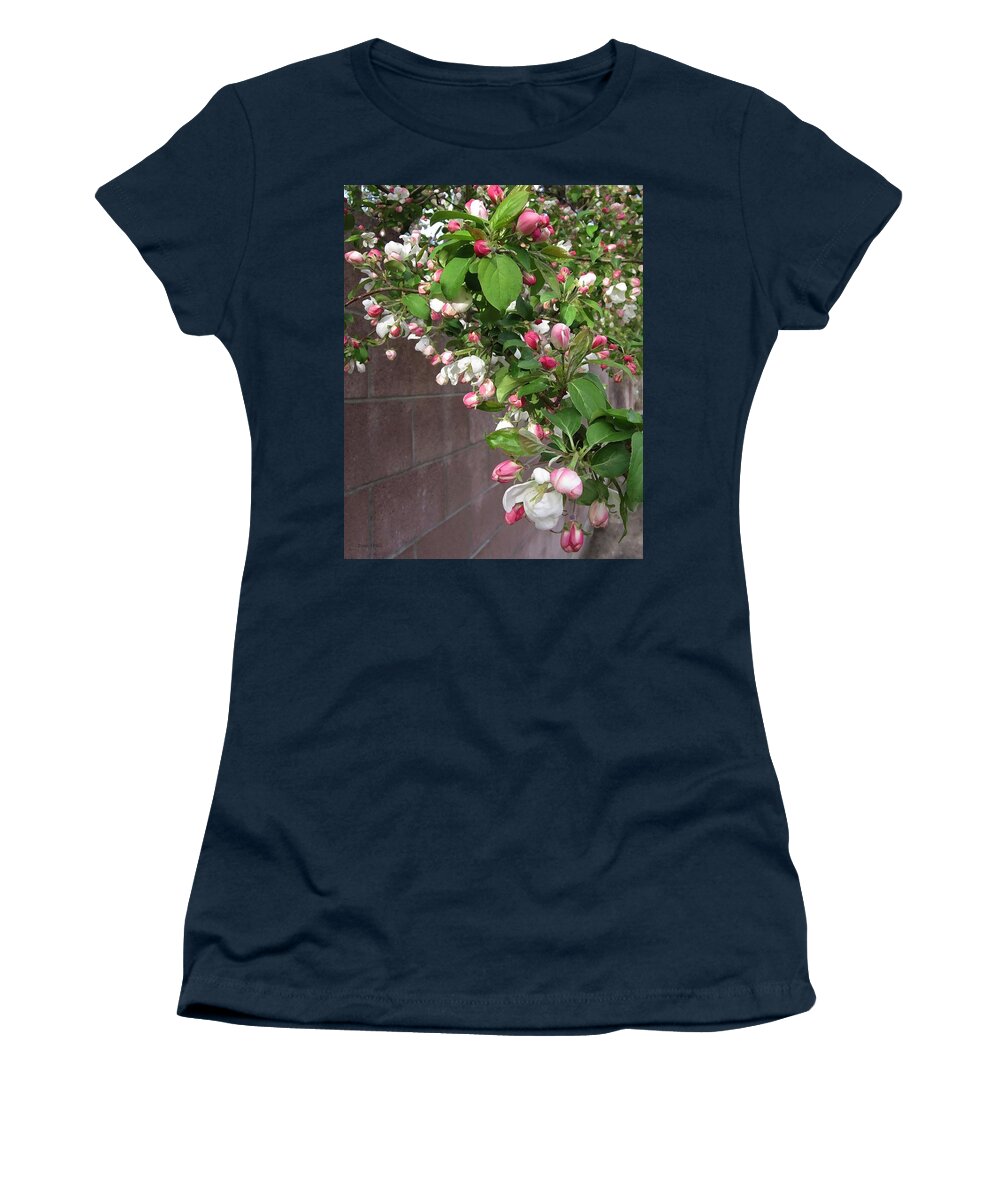 Crabapple Blossoms Women's T-Shirt featuring the photograph Crabapple Blossoms and Wall by Donald S Hall
