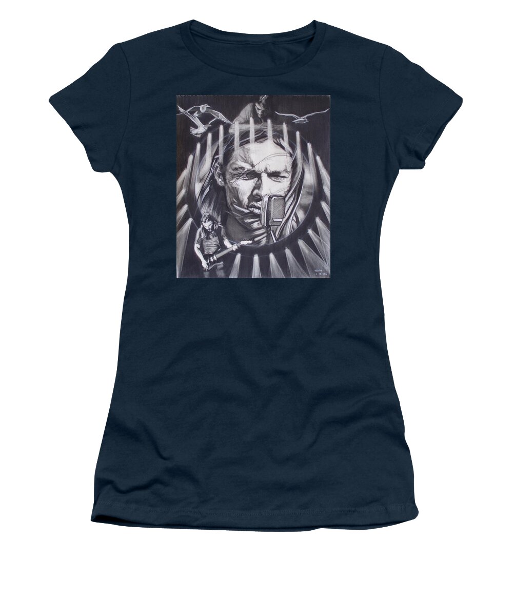 Charcoal Pencil On Paper Women's T-Shirt featuring the drawing David Gilmour Of Pink Floyd - Echoes by Sean Connolly
