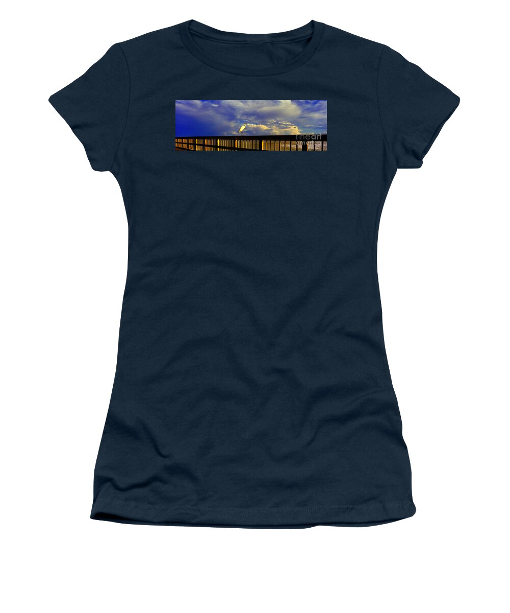Daytona Women's T-Shirt featuring the photograph Daytona Beach Rail Bird Sun Glow Pier by Tom Jelen