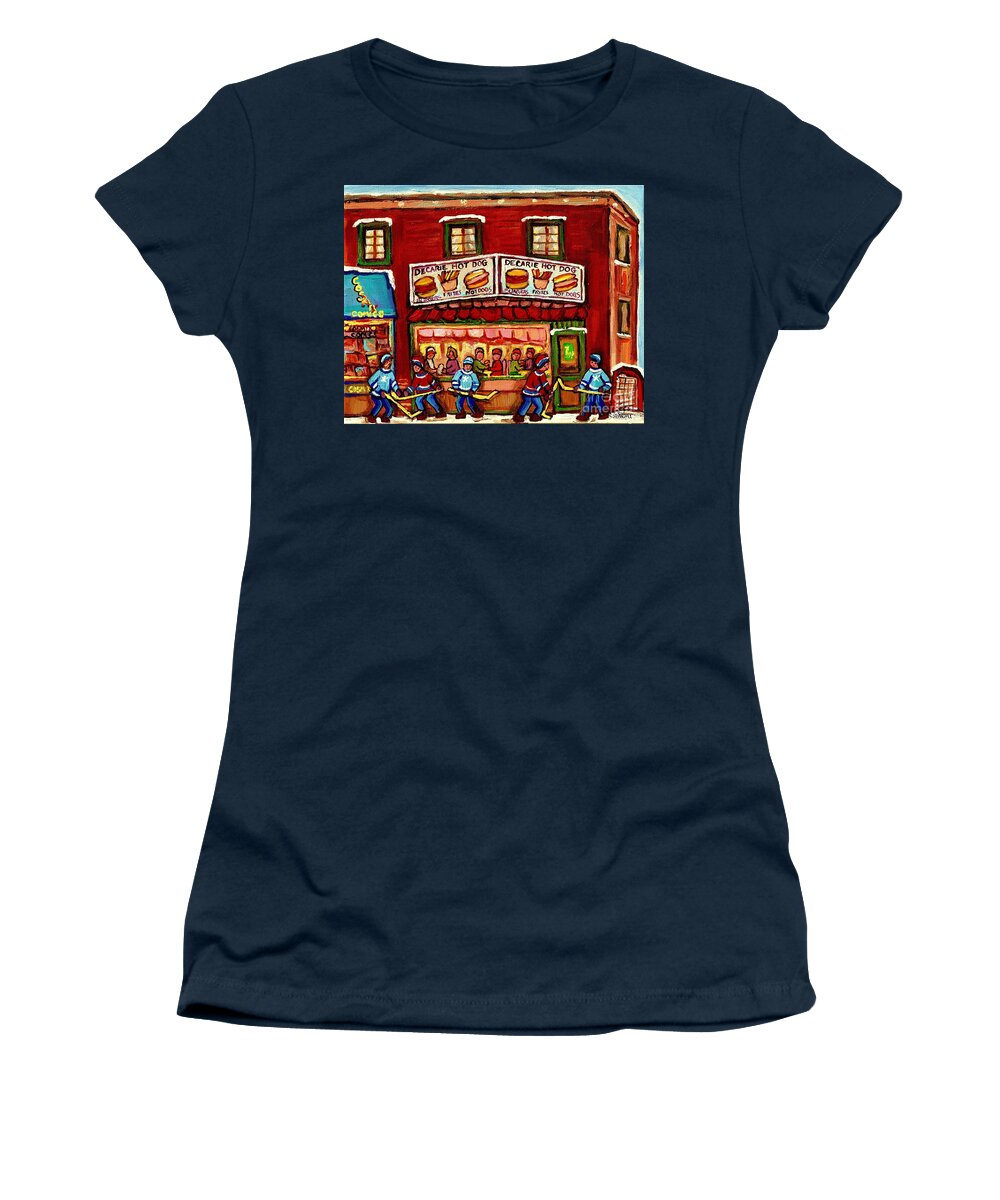 Montreal Women's T-Shirt featuring the painting Decarie Hot Dog Restaurant Cosmix Comic Store Montreal Paintings Hockey Art Winter Scenes C Spandau by Carole Spandau