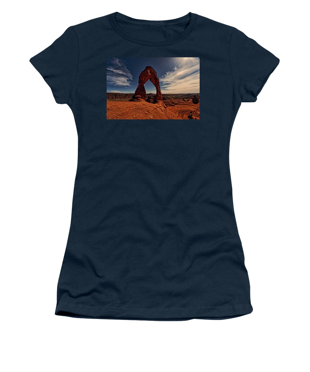 Delicate Arch Women's T-Shirt featuring the photograph Delicate Arch Afternoon Glow by Jonathan Davison