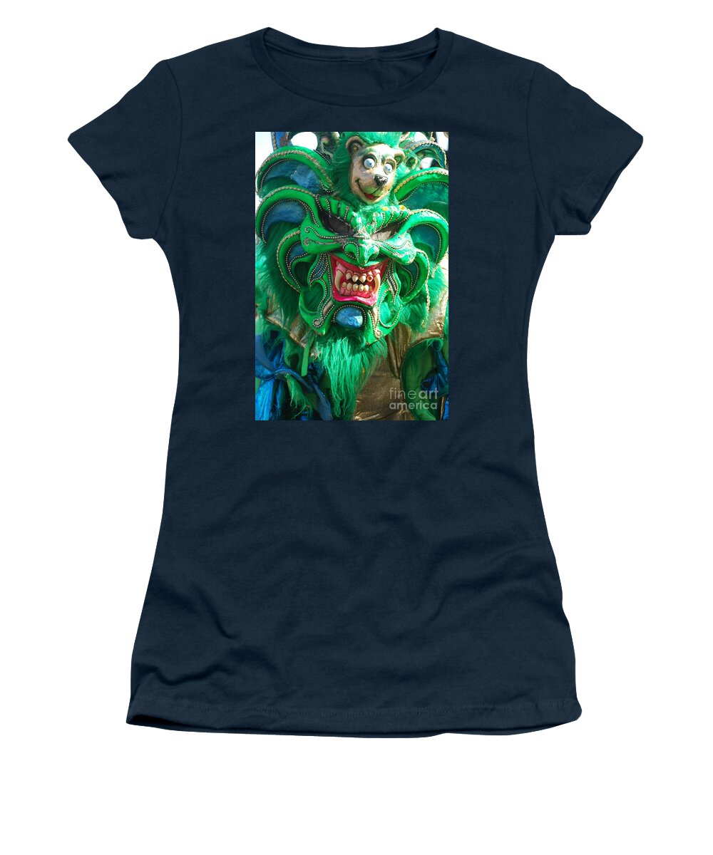 Carnival Women's T-Shirt featuring the photograph Dominican Republic Carnival Parade Green Devil Mask Vertical by Heather Kirk