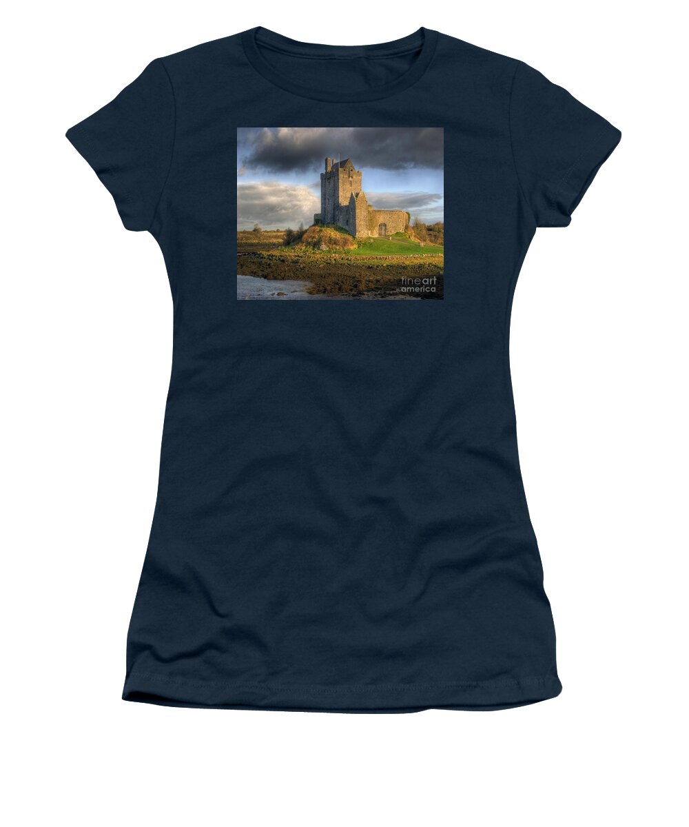 Ancient Women's T-Shirt featuring the photograph Dunguaire Castle with Dramatic Sky Kinvara Galway Ireland by Juli Scalzi
