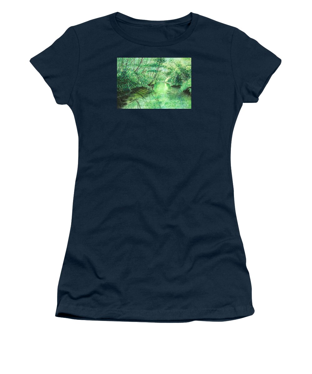 Landscape Women's T-Shirt featuring the painting Emerald Stream by Lynn Quinn