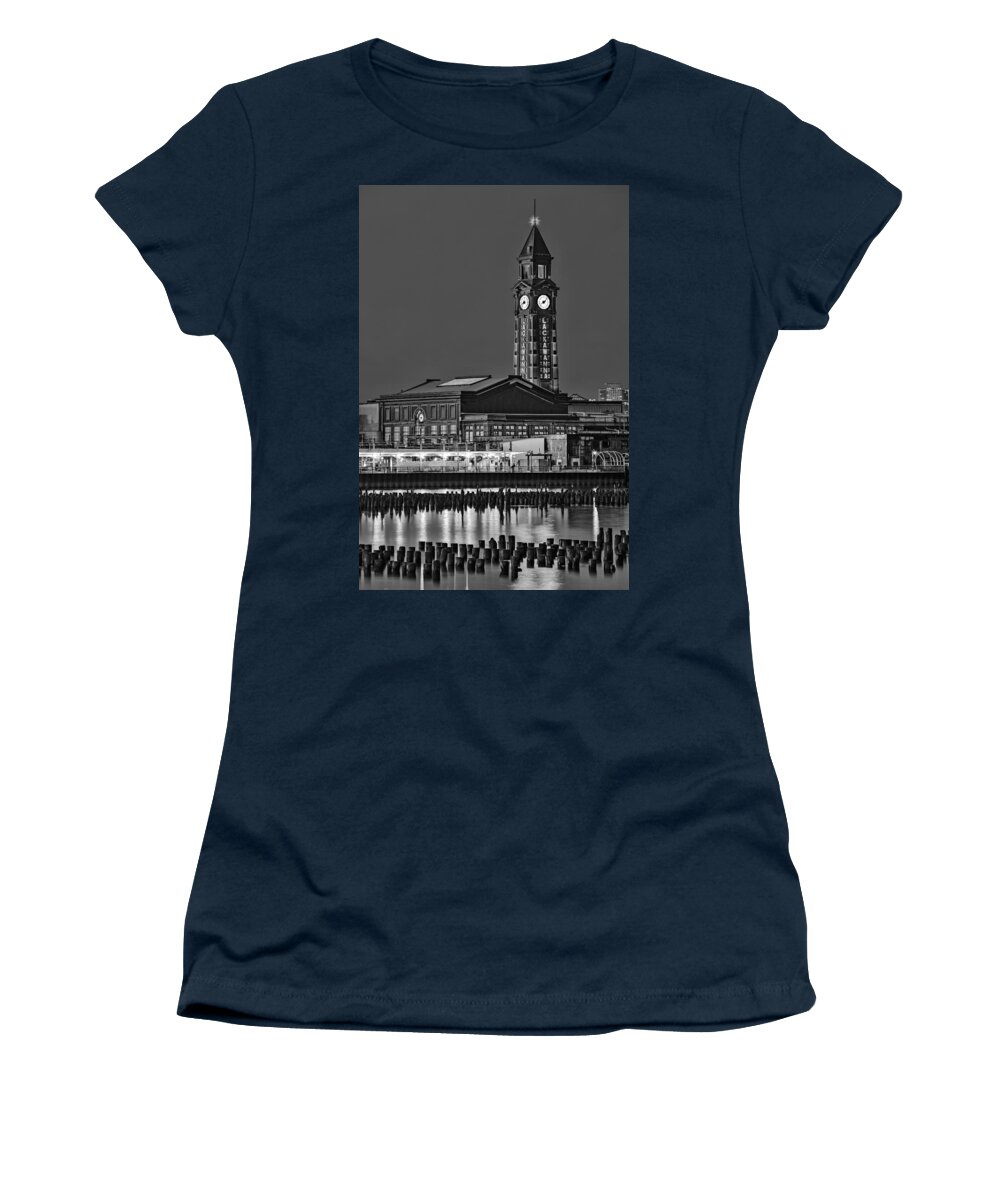 Erie Lackawanna Terminal Women's T-Shirt featuring the photograph Erie Lackawanna Terminal Hoboken BW by Susan Candelario