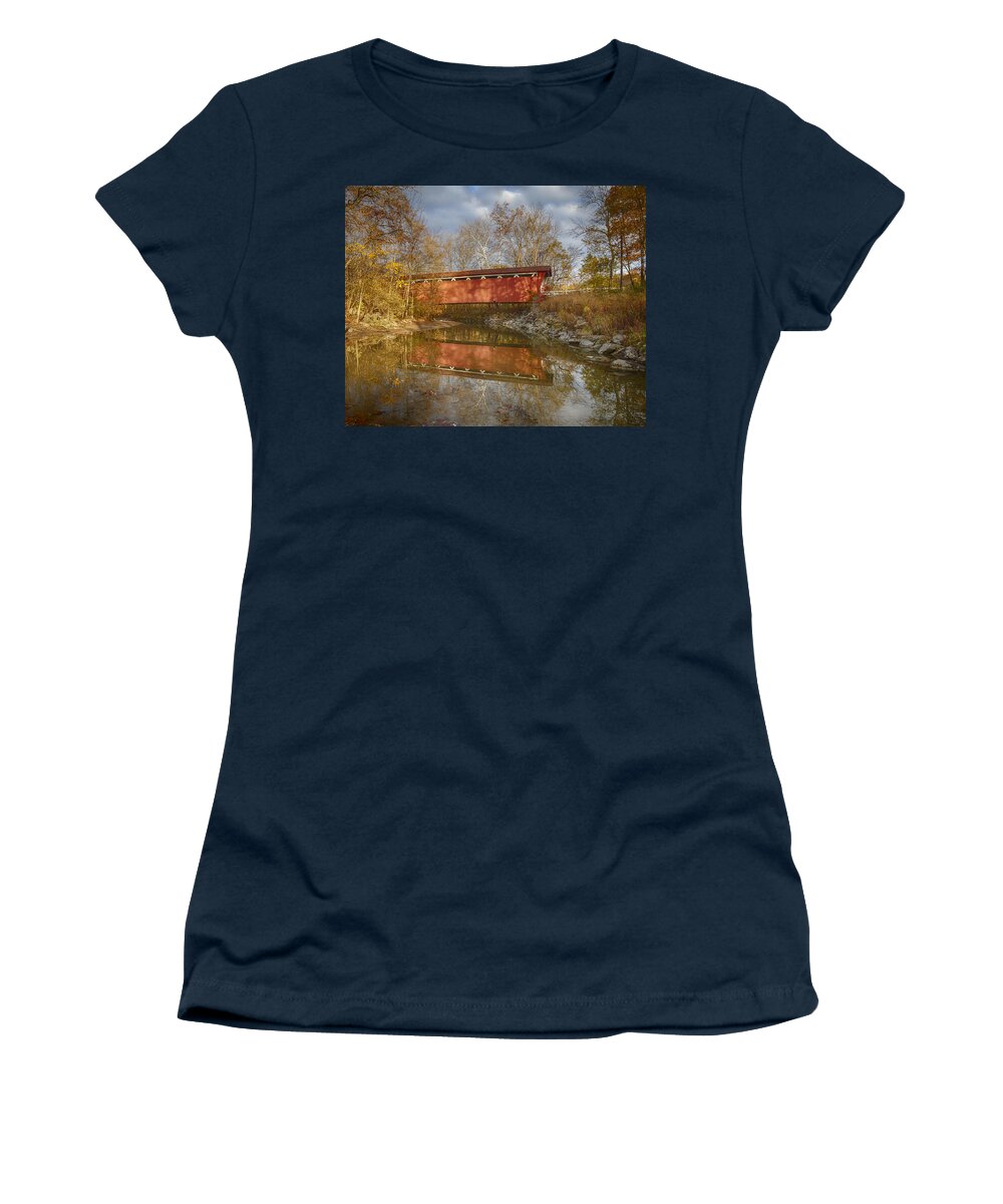 Cvnp Women's T-Shirt featuring the photograph Everett Rd. Covered Bridge in Fall by Jack R Perry