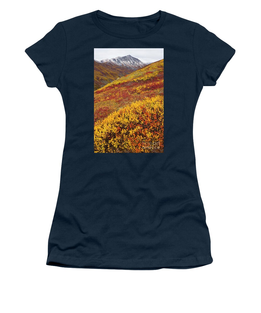 00345445 Women's T-Shirt featuring the photograph Fall Tundra And First Snow by Yva Momatiuk John Eastcott