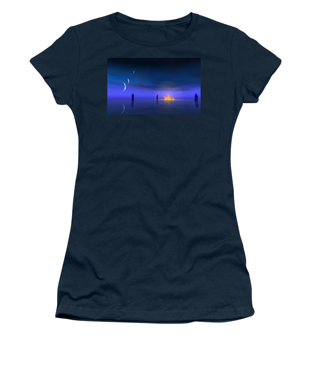 Fire Women's T-Shirt featuring the digital art Figures approach fire in the night on other world by Bruce Rolff