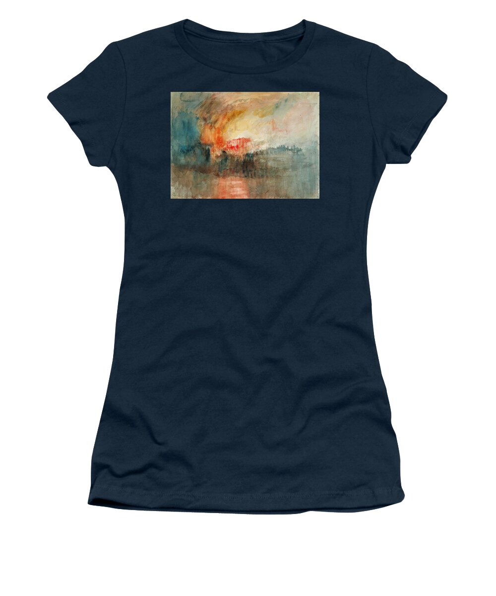 Fire At The Grand Storehouse Of The Tower Of Londonjoseph Mallord William Turner Women's T-Shirt featuring the painting Fire at the Grand Storehouse of the Tower of London by Celestial Images